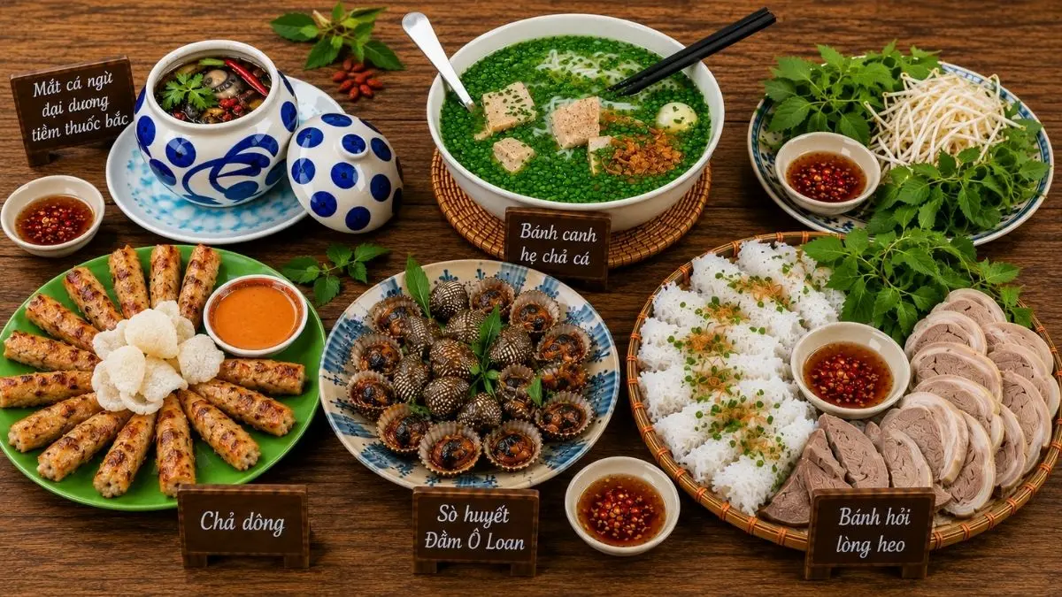 Các món đặc sản Phú Yên gồm mắt cá ngừ đại dương, bánh canh hẹ, bánh hỏi lòng heo và sò huyết Đầm Ô Loan