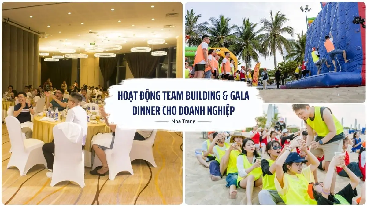 Album ảnh các hoạt động cho đoàn công ty tại Nha Trang, bao gồm cảnh chơi kéo co trên biển, tiệc gala sang trọng trong khán phòng