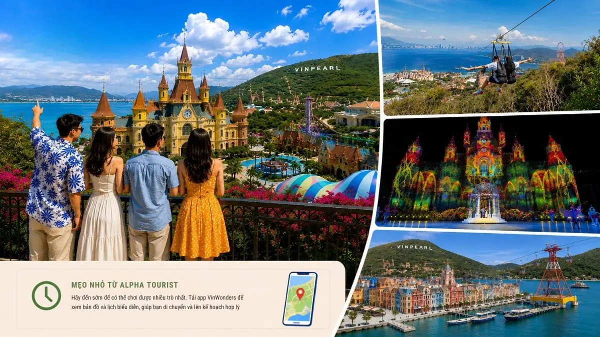 Hình ảnh tổng hợp các hoạt động vui chơi tại VinWonders Nha Trang như trò chơi cảm giác mạnh, công viên nước, thủy cung, Zipline và Vinpearl Harbour