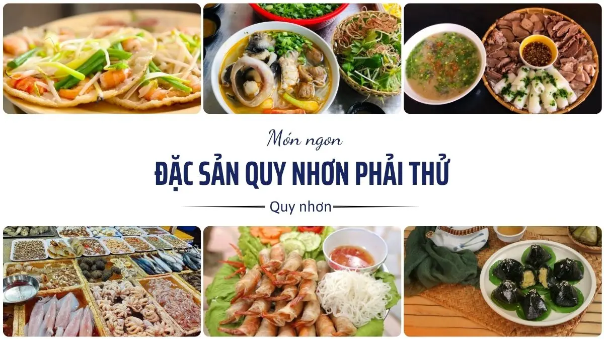 Các món ngon trứ danh của Quy Nhơn như bánh xèo tôm nhảy, bún cá Quy Nhơn, bánh hỏi cháo lòng, hải sản tươi sống, nem nướng, chả ram tôm đất và bánh ít lá gai
