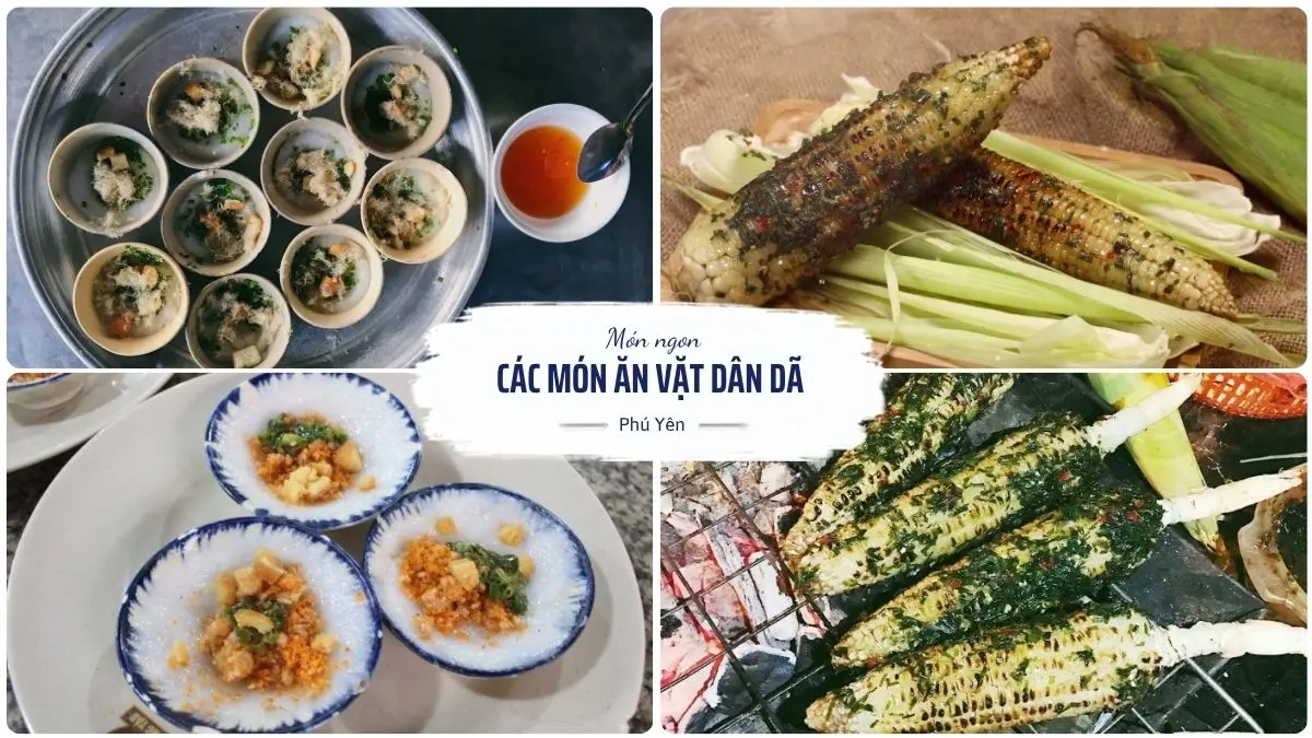 Các món ăn vặt dân dã Phú Yên gồm bánh bèo chén và bắp nướng mắm nêm thơm ngon đậm vị