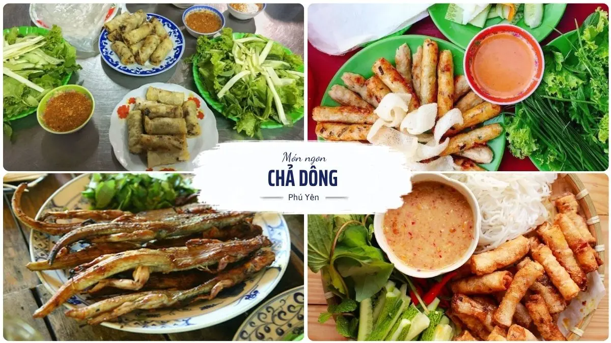 Chả dông Phú Yên được chế biến từ thịt dông tươi, chiên vàng giòn và ăn kèm rau sống