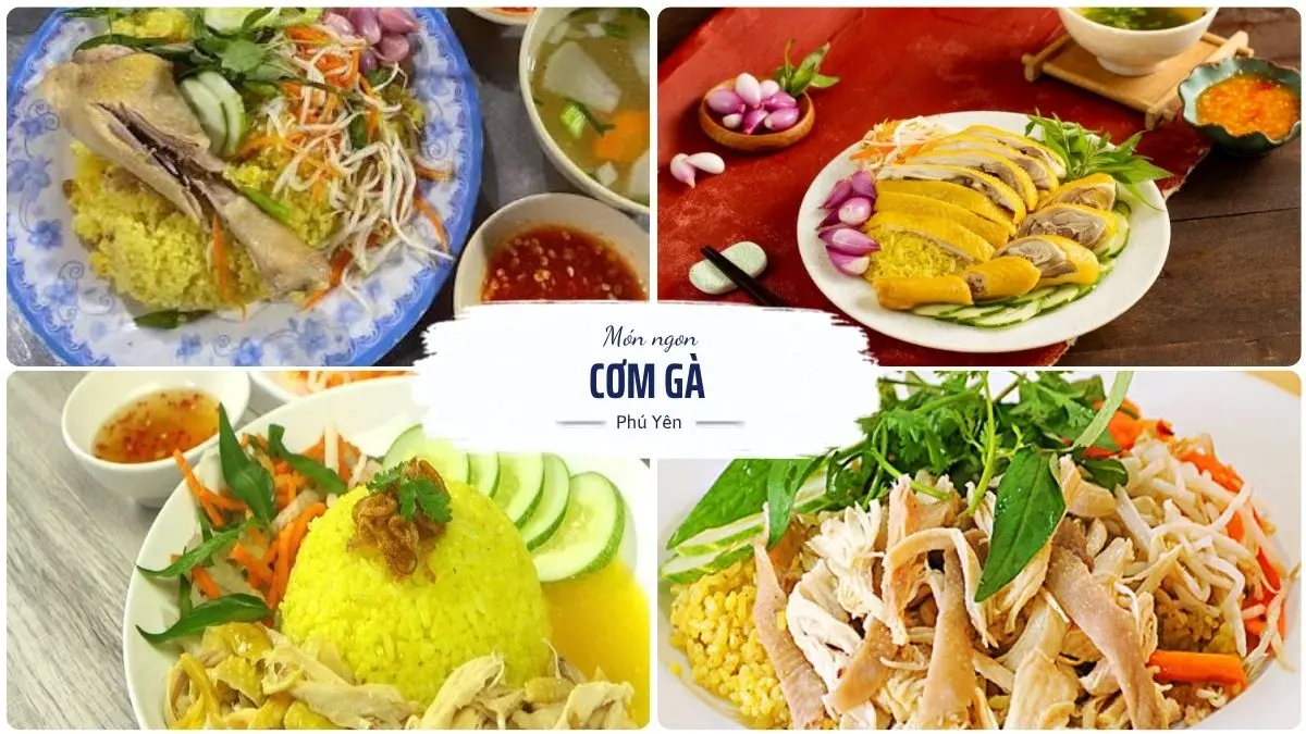 Đĩa cơm gà Phú Yên được trình bày đẹp mắt với cơm vàng, thịt gà luộc xé, rau răm và một chén súp nhỏ đi kèm