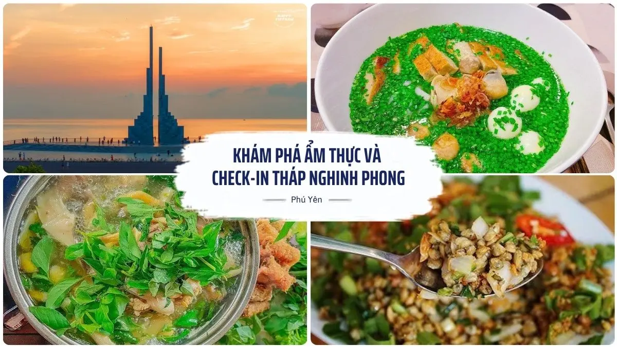 Hình ảnh Tháp Nghinh Phong về đêm cùng các món đặc sản nổi tiếng của Phú Yên