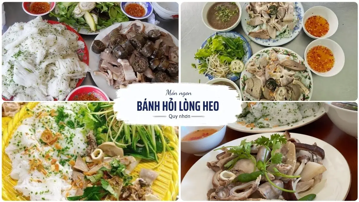 Một đĩa bánh hỏi lòng heo được trình bày đẹp mắt với bánh hỏi thoa mỡ hành, lòng heo luộc, rau sống và một chén cháo huyết