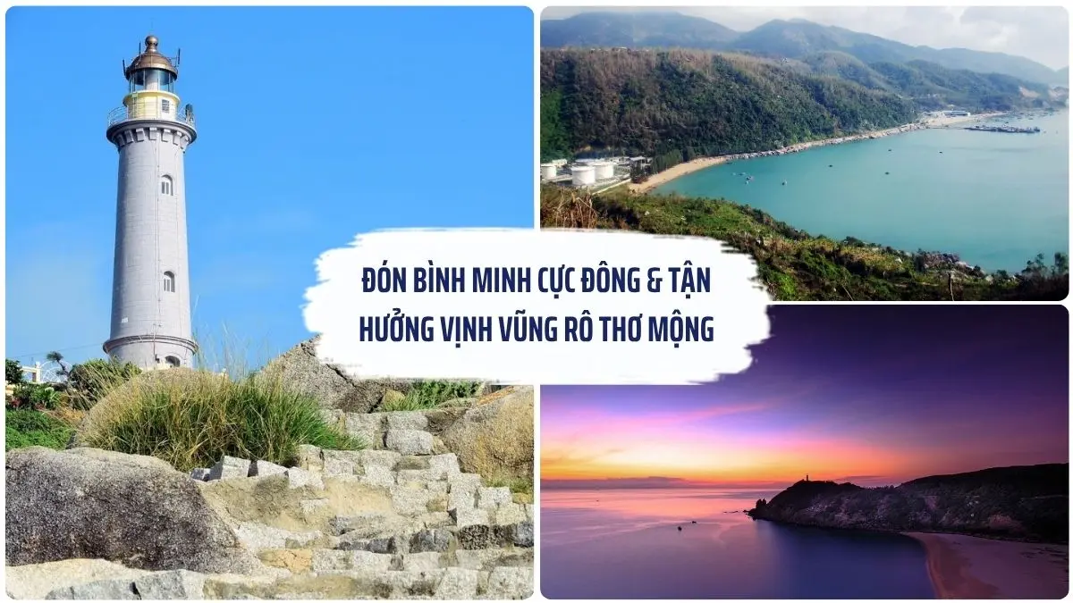 Hình ảnh tổng hợp Mũi Điện, Hải đăng Đại Lãnh, Bãi Môn và Vịnh Vũng Rô với khung cảnh bình minh và biển xanh tuyệt đẹp tại Phú Yên