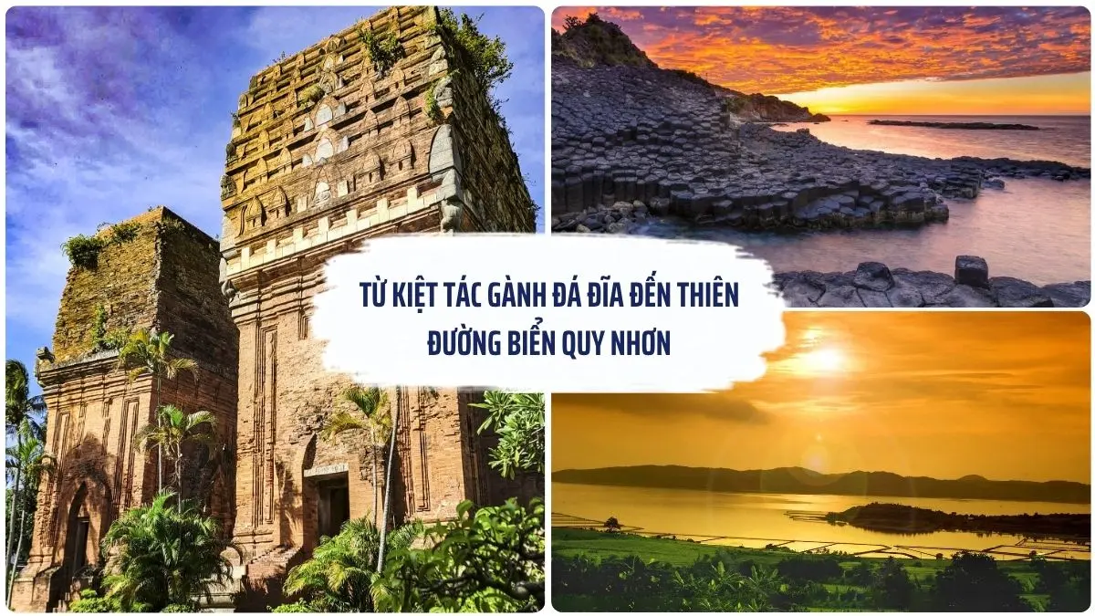 Hình ảnh tổng hợp Nhà thờ Mằng Lăng, Gành Đá Đĩa, Đầm Ô Loan và Tháp Đôi Quy Nhơn trong hành trình từ Phú Yên đến Quy Nhơn