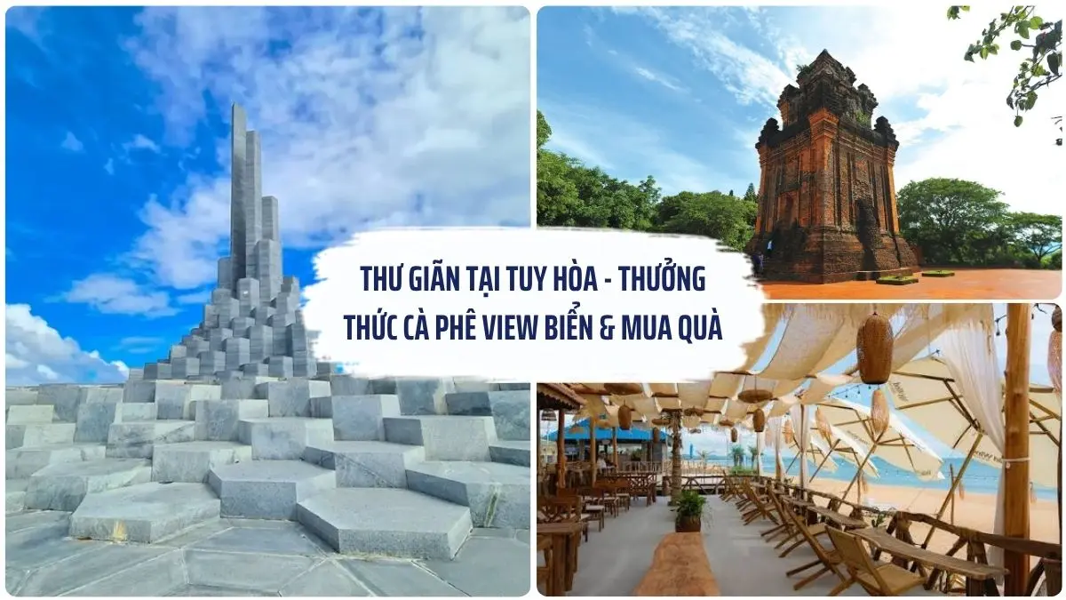 Hình ảnh tổng hợp Tháp Nghinh Phong, Tháp Nhạn, quán cà phê view biển và các đặc sản Phú Yên làm quà