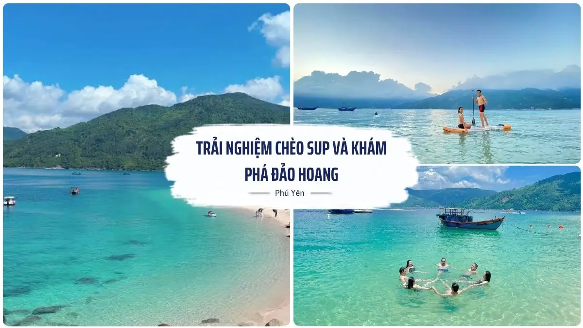 Một nhóm bạn trẻ đang vui vẻ chèo SUP trên làn nước biển trong xanh tại Hòn Nưa, Phú Yên, với khung cảnh hòn đảo xanh tươi phía sau