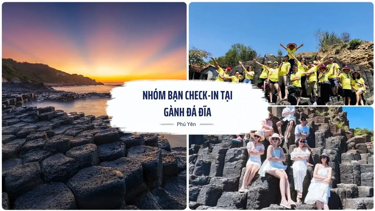Một nhóm bạn trẻ đang vui vẻ chụp ảnh selfie cùng nhau tại kỳ quan thiên nhiên Gành Đá Đĩa ở Phú Yên, với những cột đá bazan hình lục giác độc đáo bên bờ biển xanh