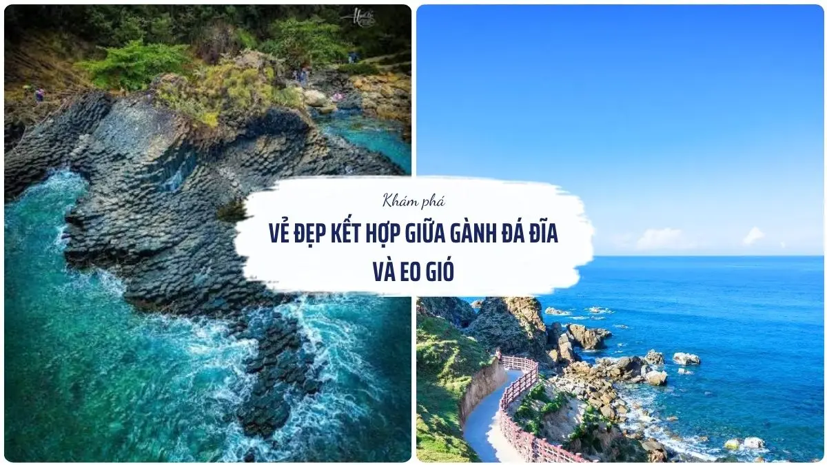 Ảnh panorama ghép hai cảnh, bên trái là những cột đá bazan hình lục giác của Gành Đá Đĩa, bên phải là vách đá và biển xanh biếc tại Eo Gió