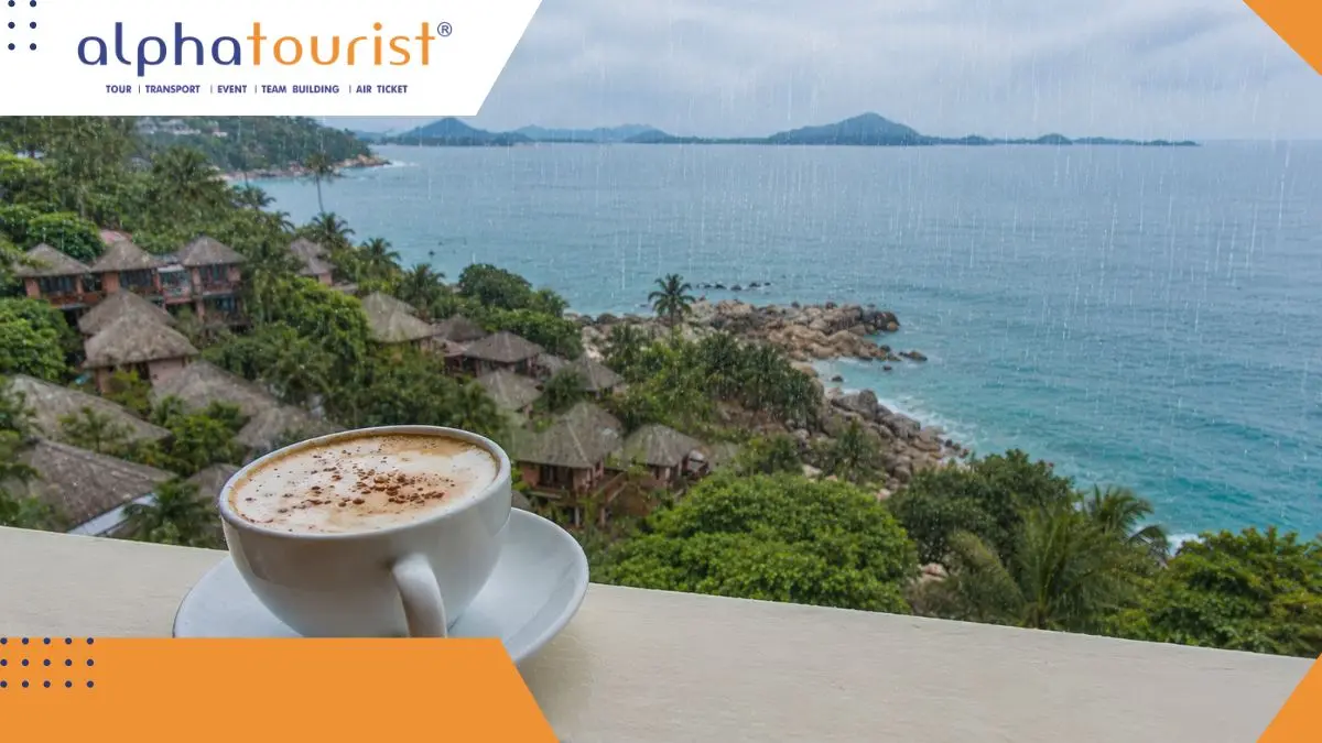 Khung cảnh biển Nha Trang nhìn từ một quán cà phê ấm cúng vào ngày mưa, với những giọt nước trên cửa kính và ly cà phê trên bàn