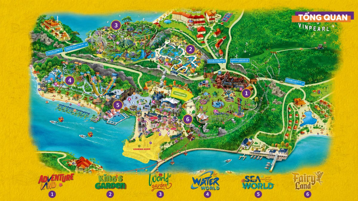 Một bản đồ minh họa đầy màu sắc của công viên giải trí VinWonders Nha Trang, thể hiện các khu vực chính như công viên nước, lâu đài cổ tích, vườn thú và đường trượt zipline