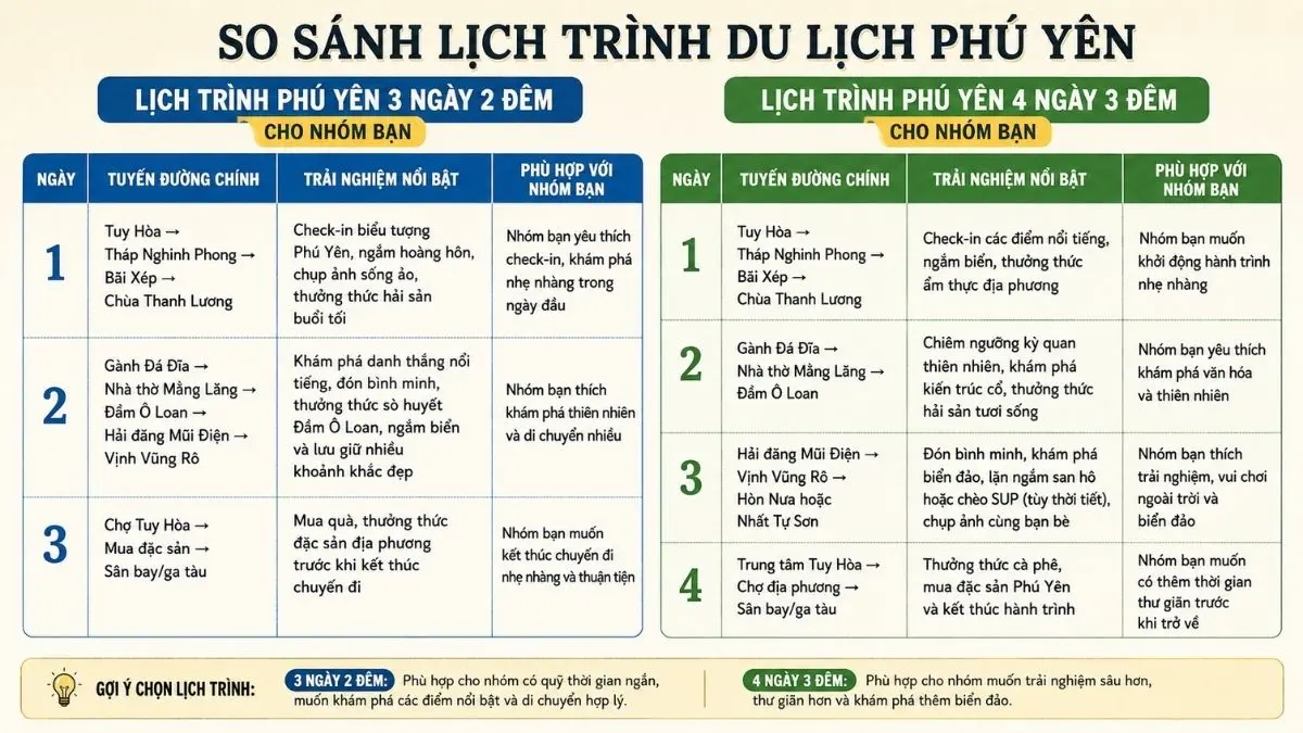 Infographic so sánh lịch trình du lịch Phú Yên 3 ngày 2 đêm và 4 ngày 3 đêm về tuyến đường chính, trải nghiệm nổi bật và sự phù hợp cho các nhóm du khách khác nhau