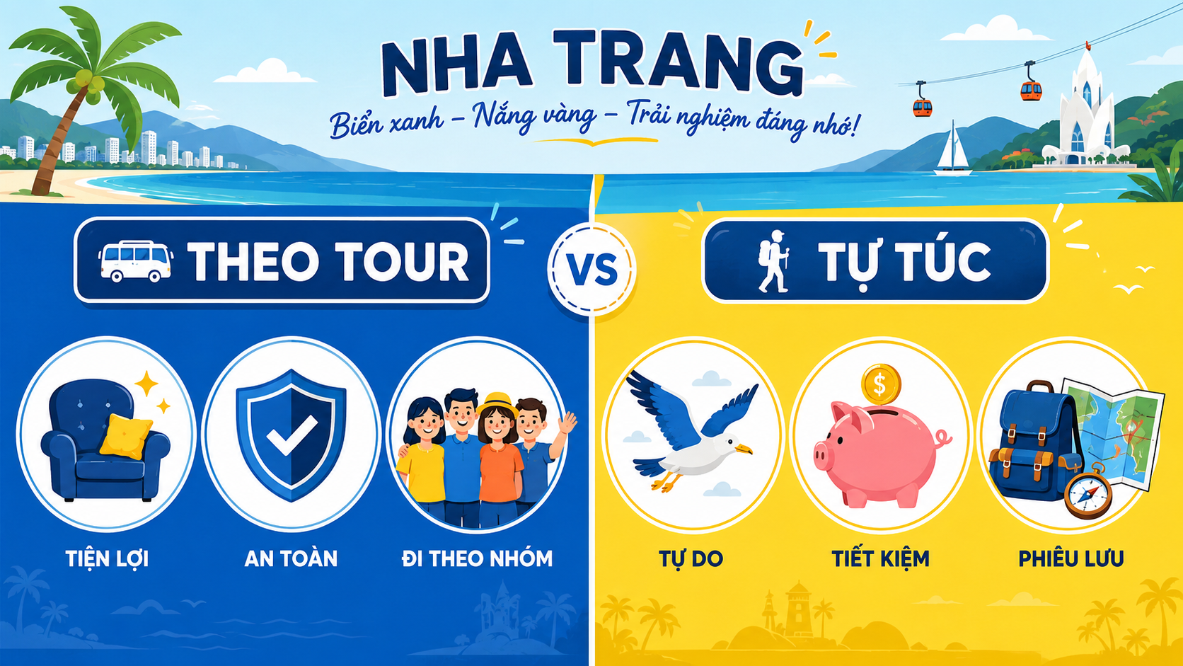 So sánh trực quan giữa du lịch Nha Trang theo tour và tự túc