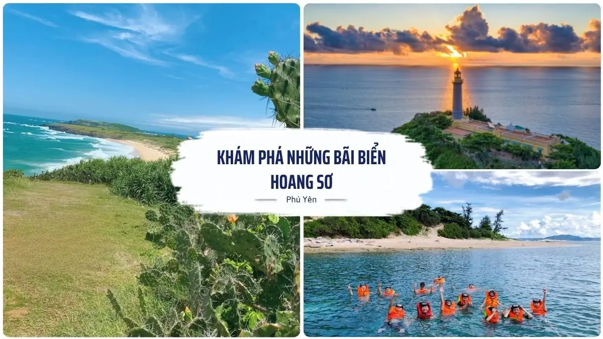 Hình ảnh tổng hợp các bãi biển đẹp tại Phú Yên gồm Bãi Xép - Gành Ông, Bãi Môn, Hải đăng Đại Lãnh và Hòn Nưa với khung cảnh biển xanh, cát trắng và thiên nhiên hoang sơ