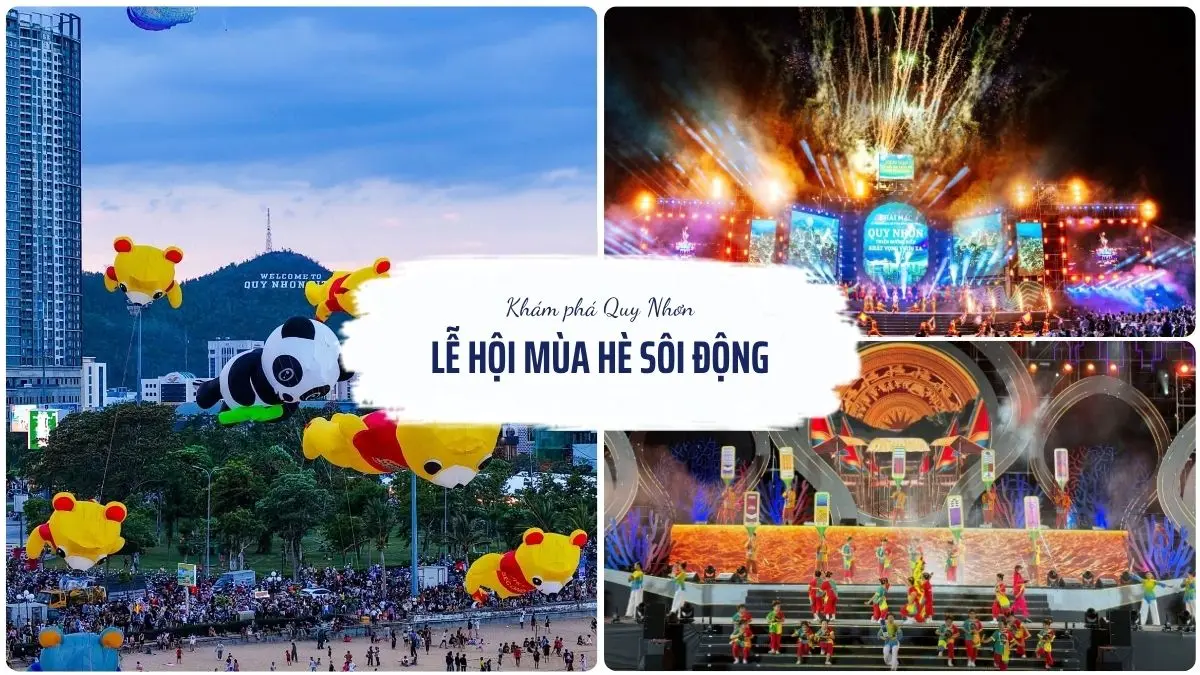 Không khí lễ hội mùa hè tại Quy Nhơn với sân khấu ngoài trời, ánh sáng rực rỡ và đông đảo du khách tham gia