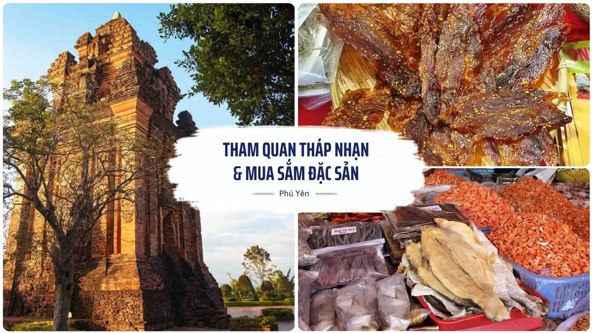 Hình ảnh Tháp Nhạn Tuy Hòa và các gian hàng bày bán đặc sản Phú Yên làm quà