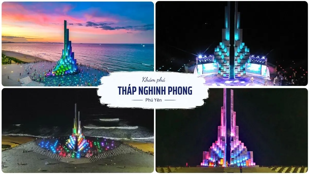 Công trình Tháp Nghinh Phong tại thành phố Tuy Hòa được chiếu sáng rực rỡ bằng công nghệ 3D mapping vào ban đêm, thu hút đông đảo du khách tham quan