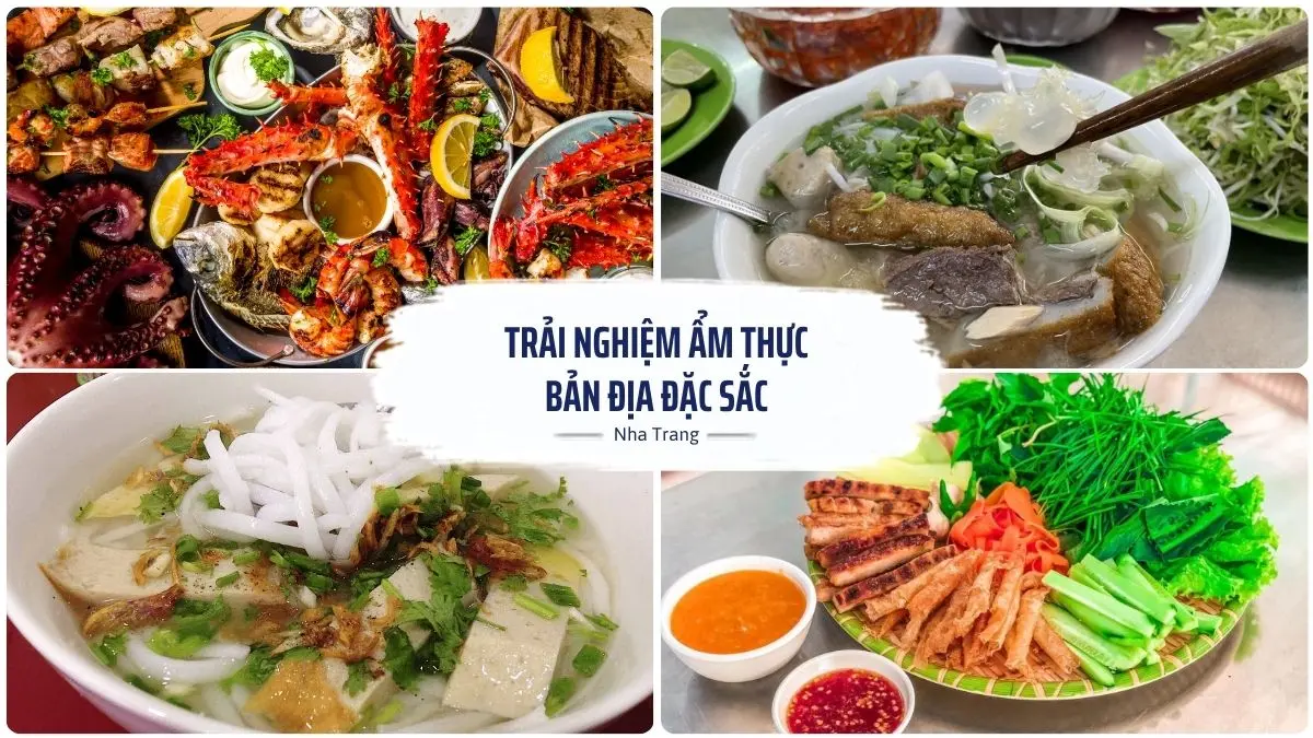 Hình ảnh tổng hợp các món đặc sản nổi tiếng của Nha Trang - Phú Yên gồm nem nướng Ninh Hòa, bún sứa, bánh căn và hải sản tươi sống đặc trưng miền biển