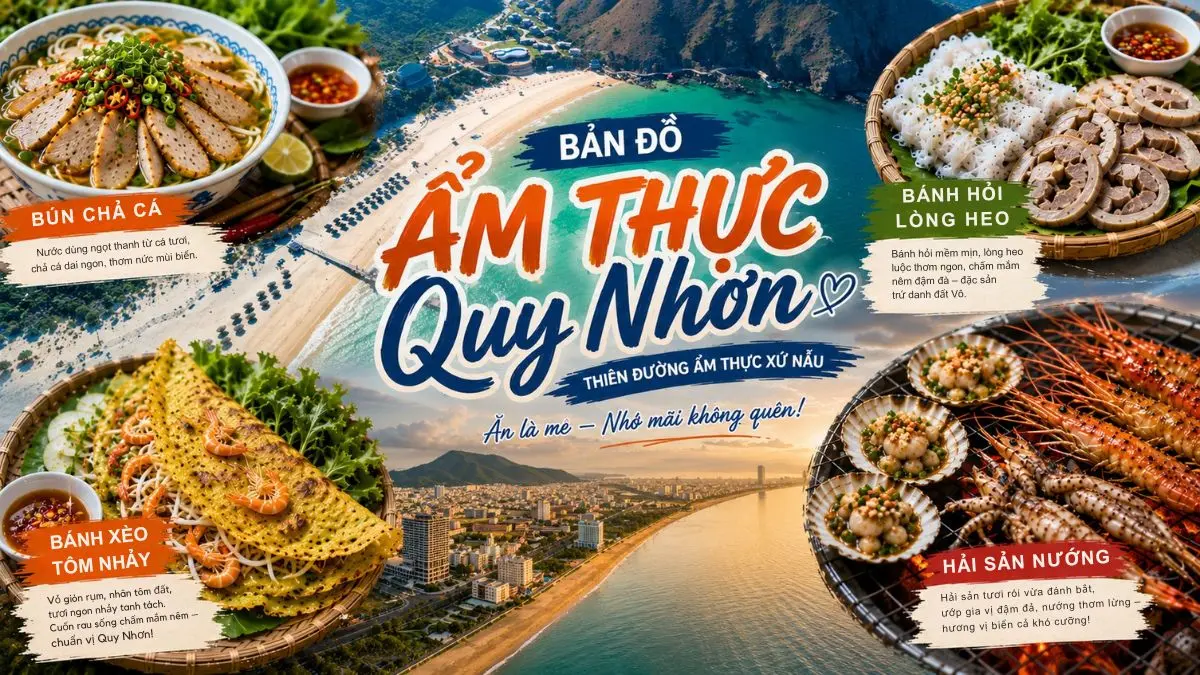 Ảnh ghép nhiều món đặc sản nổi tiếng của Quy Nhơn, bao gồm bún chả cá, bánh xèo tôm nhảy, bánh hỏi lòng heo và hải sản nướng