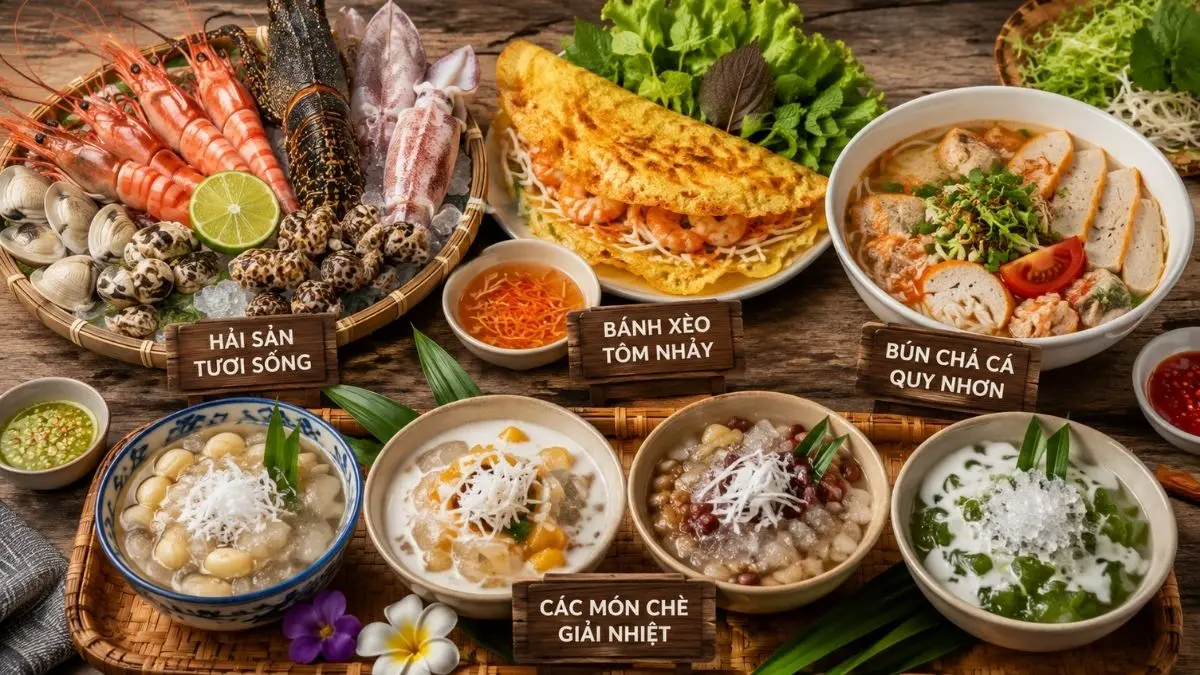 Các món đặc sản Quy Nhơn gồm hải sản tươi sống, bánh xèo tôm nhảy, bún chả cá và các món chè giải nhiệt