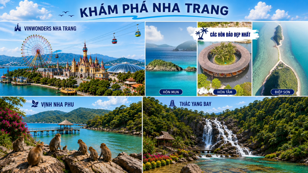 Ảnh chụp từ trên cao của VinWonders Nha Trang trên đảo Hòn Tre, cho thấy các công trình kiến trúc, khu trò chơi cảm giác mạnh và công viên nước bên cạnh bờ biển xanh biếc
