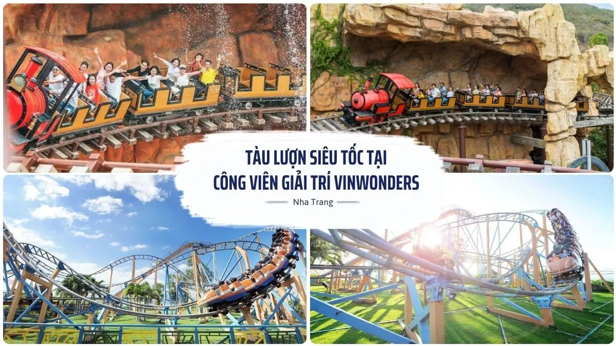 Nhóm bạn trẻ đang la hét đầy phấn khích khi chơi trò tàu lượn siêu tốc tại công viên giải trí VinWonders Nha Trang vào một ngày nắng đẹp