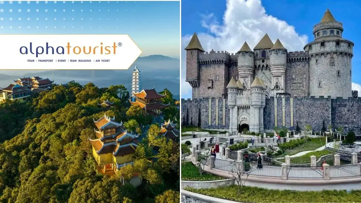 Ảnh mô tả Đền thờ Bà Chúa Núi và Làng Pháp tại Đà Nẵng với kiến trúc đặc trưng giữa khung cảnh núi rừng Bà Nà Hills