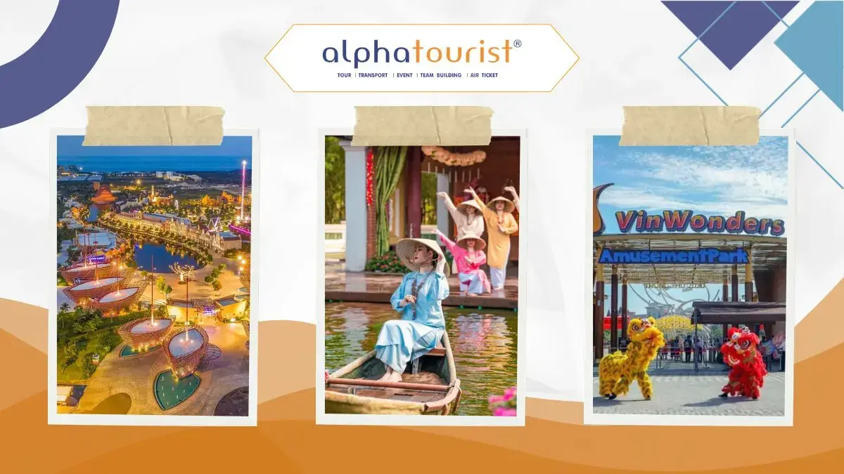 Bến Cảng Giao Thoa, Đảo Văn Hóa Dân Gian và cổng VinWonders với màn múa lân, thể hiện không gian vui chơi và văn hóa đặc sắc